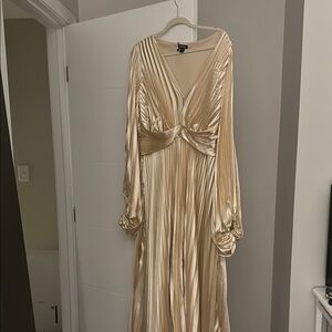 Boohoo Metallic Gold Pleated Long Sleeve Maxi Dress